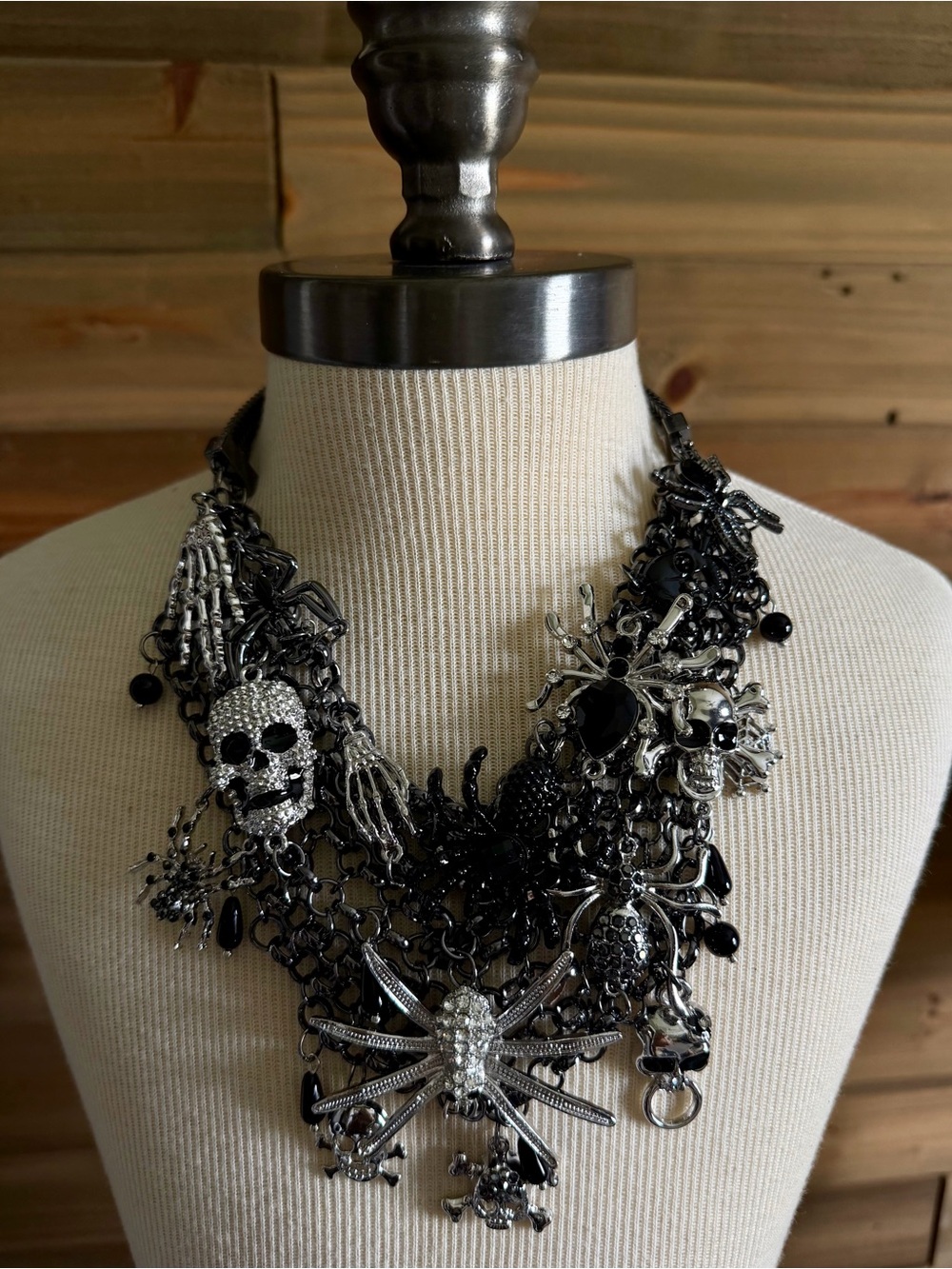 Natasha Couture Black and Silver Gothic Skull & Spider Statement Necklace